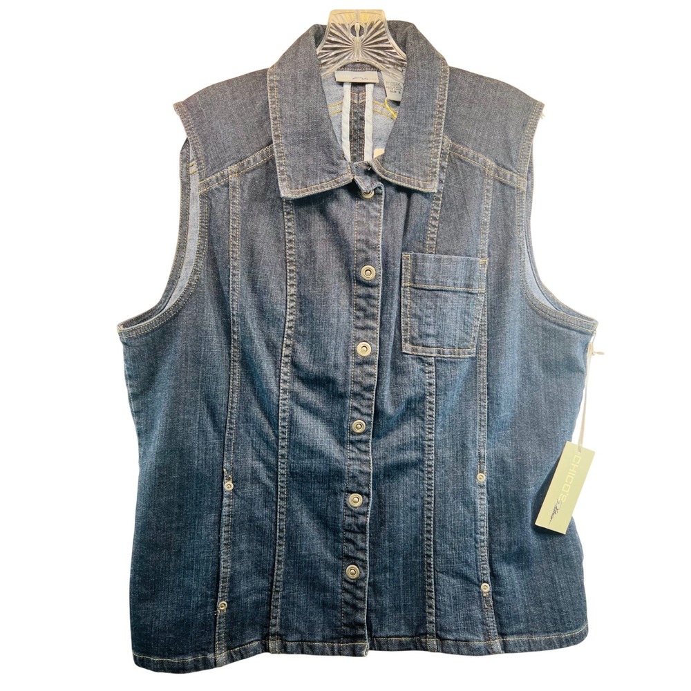 Chicos Platinum Denim Vest Womens Size 2 Dark Wash Button Front Pocket Blue New